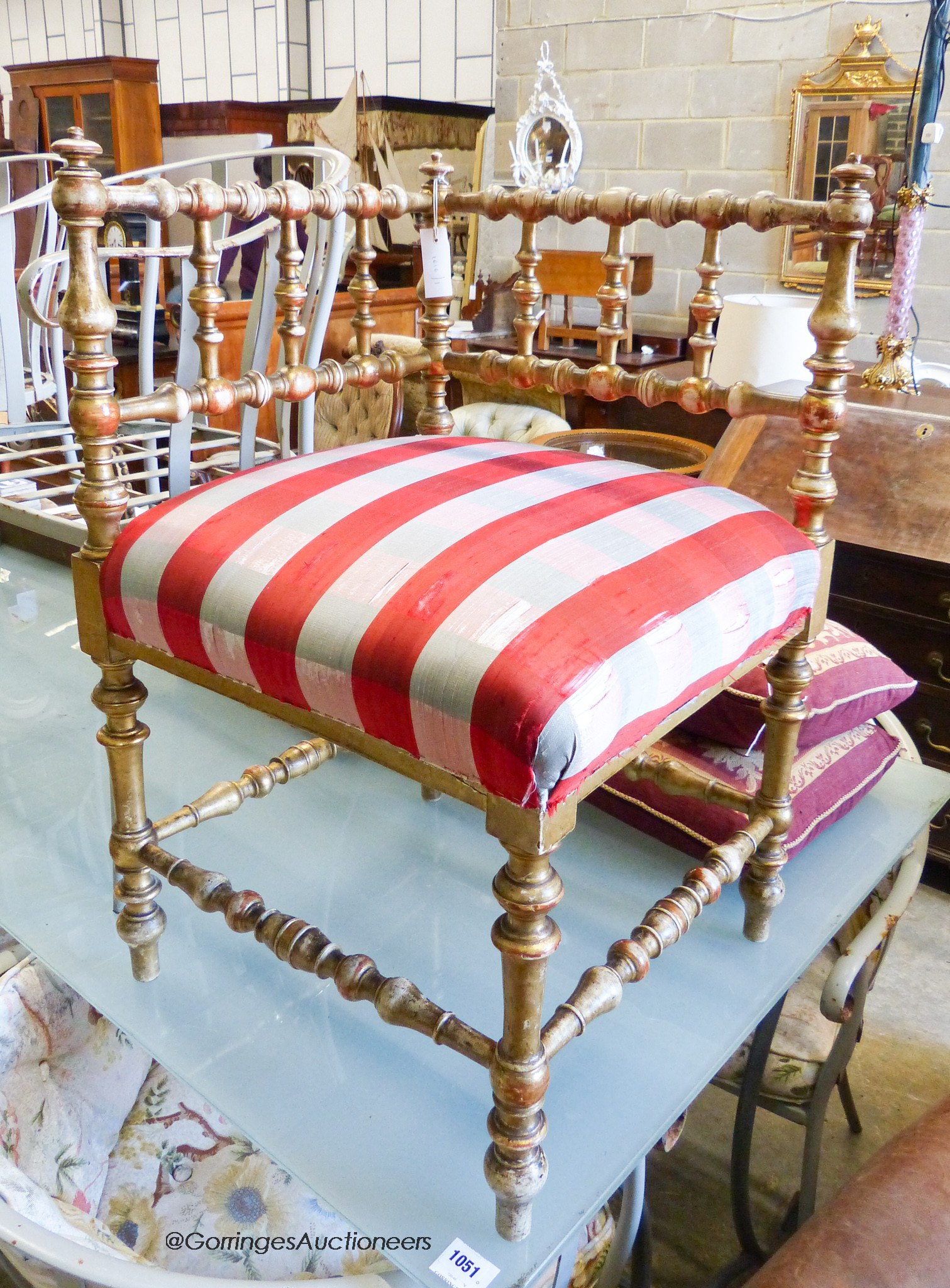 A late Victorian giltwood bobbin turned corner chair